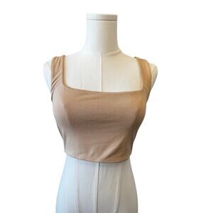 NAKED WARDROBE Women's Tan Square Neck Sleeveless Cropped Top Size L